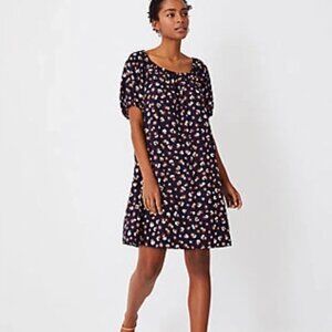 Ann Taylor Small Animal Print Puff Sleeve Shift Mini Dress Night Sky Navy Blue